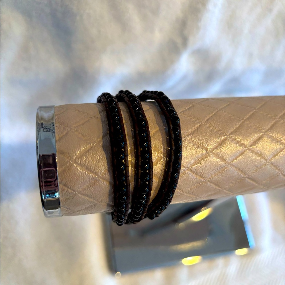 Black beaded and brown wrap bracelet